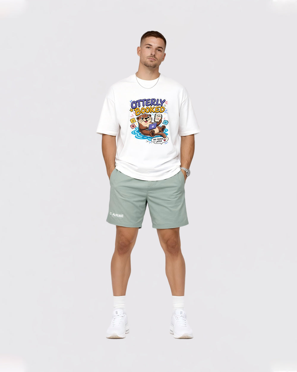Otterly Booked Busy Otter Graphic T-Shirt in White, full-body fit view
