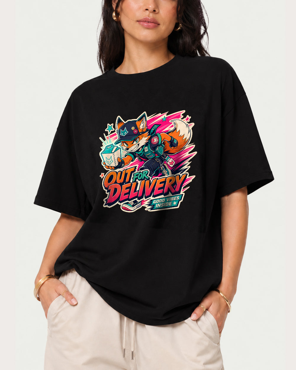 Out For Delivery, Good Vibes Inside Streetwear Graphic T-Shirt in Black, front model view 1