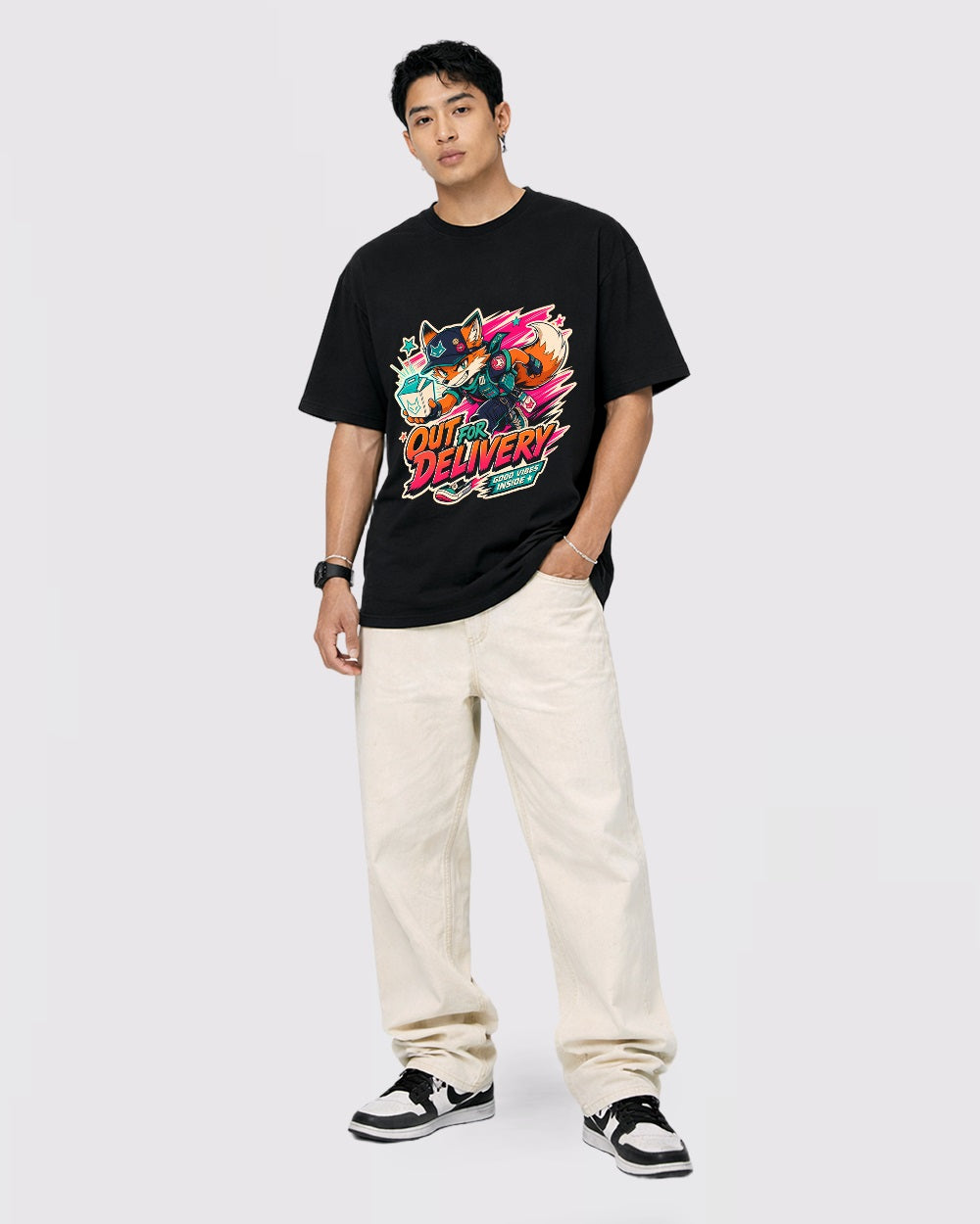 Out For Delivery, Good Vibes Inside Streetwear Graphic T-Shirt, full body fit view, image 2