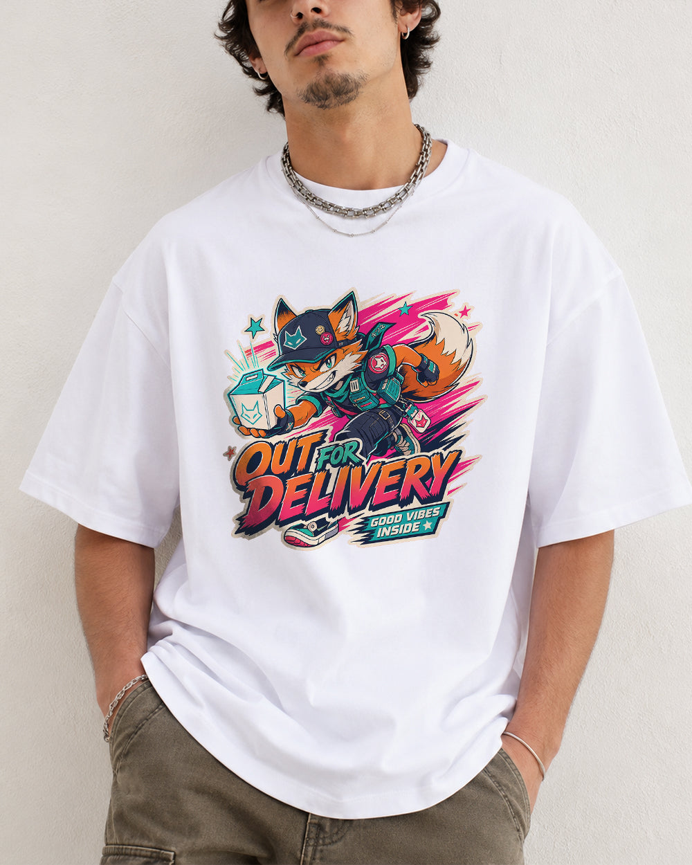 Out For Delivery, Good Vibes Inside Streetwear Graphic T-Shirt in White, front model view 5