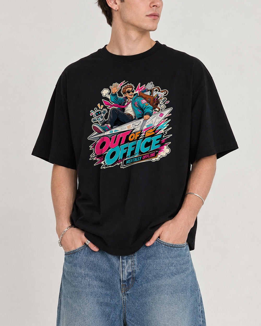 Out Of Office, Mentally Offline Streetwear Graphic T-Shirt in Black, front model view 1