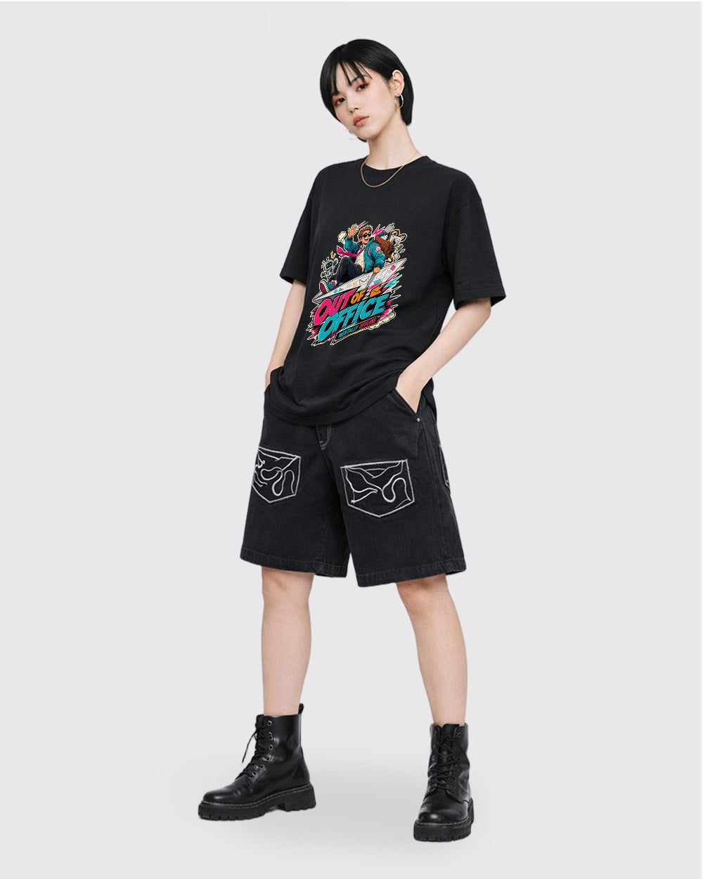 Out Of Office, Mentally Offline Streetwear Graphic T-Shirt, full body fit view, image 2