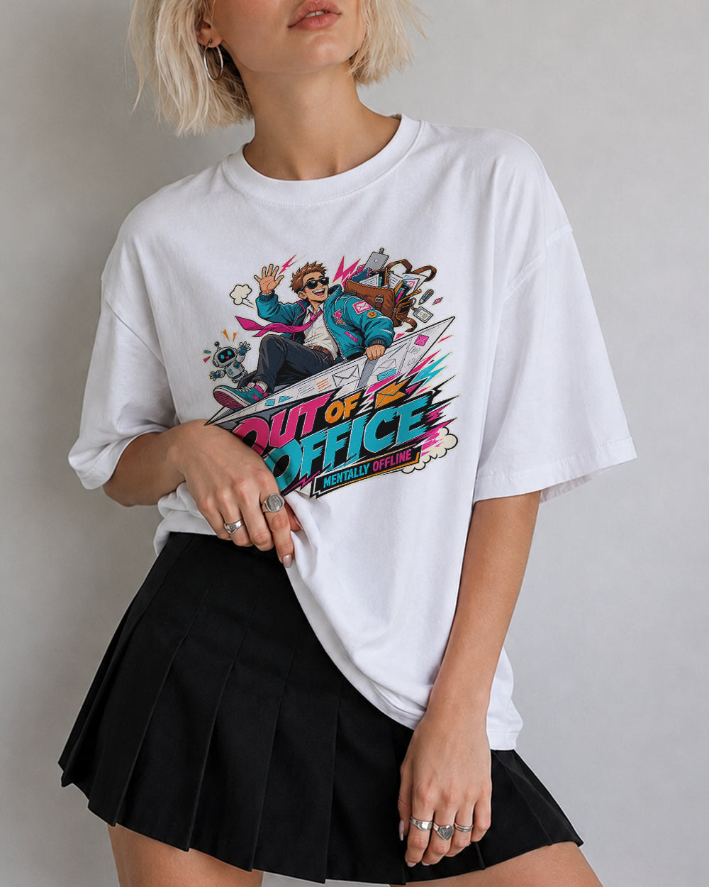Out Of Office, Mentally Offline Streetwear Graphic T-Shirt in White, front model view 5
