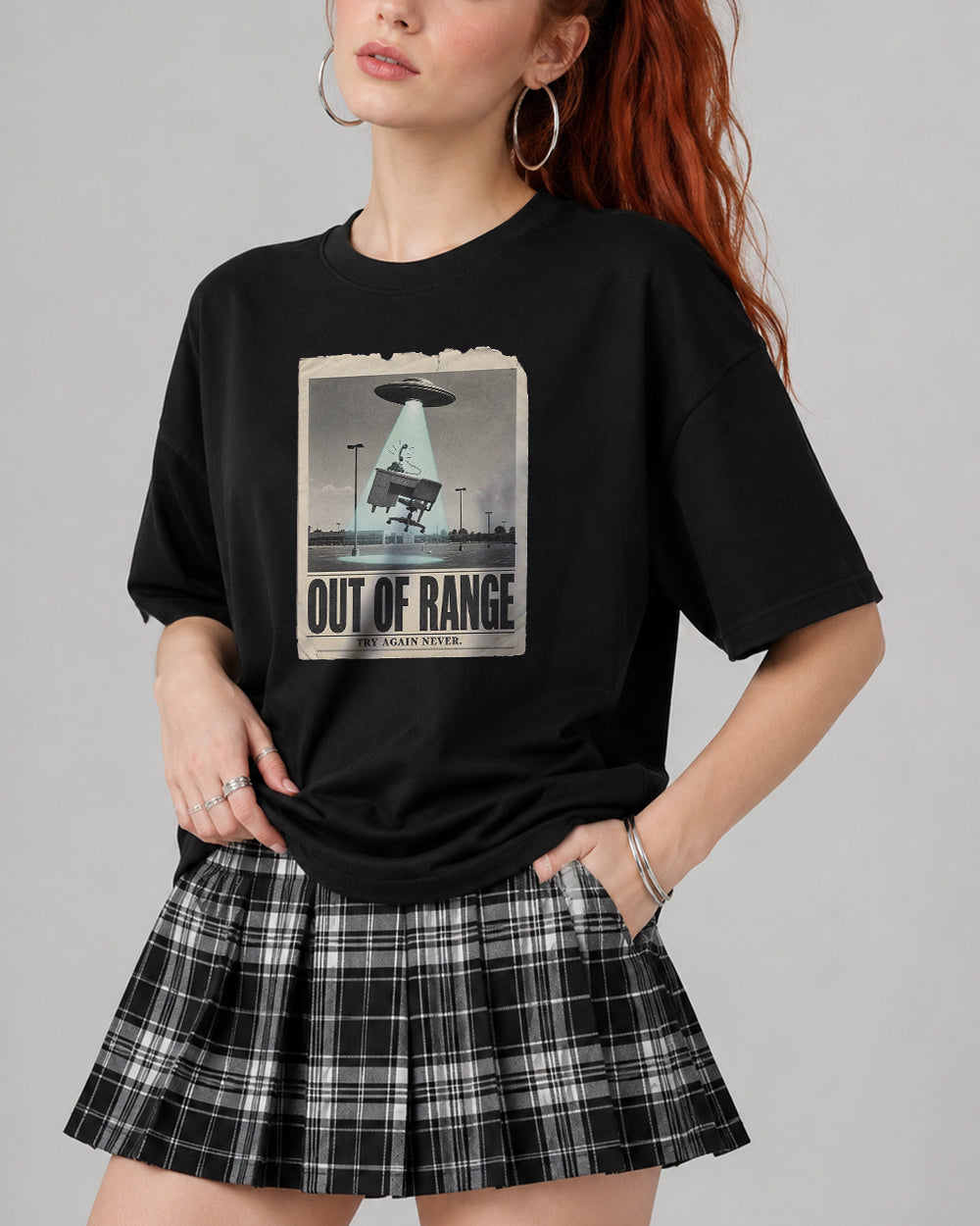 Out of Range Try Again Never Pop Culture Graphic T-Shirt in Black, front model view 1