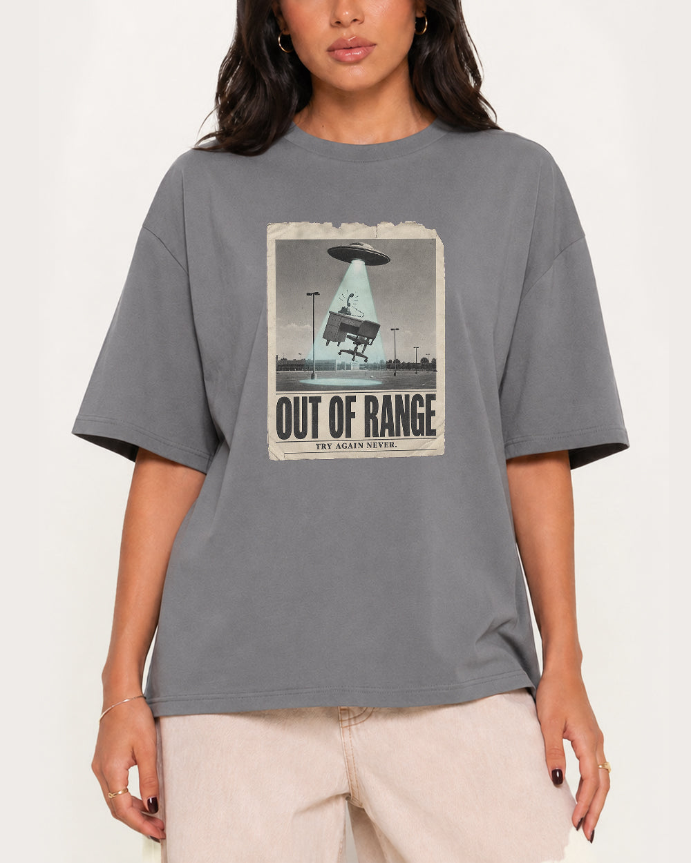 Out of Range Try Again Never Pop Culture Graphic T-Shirt in Gray, front model view 3