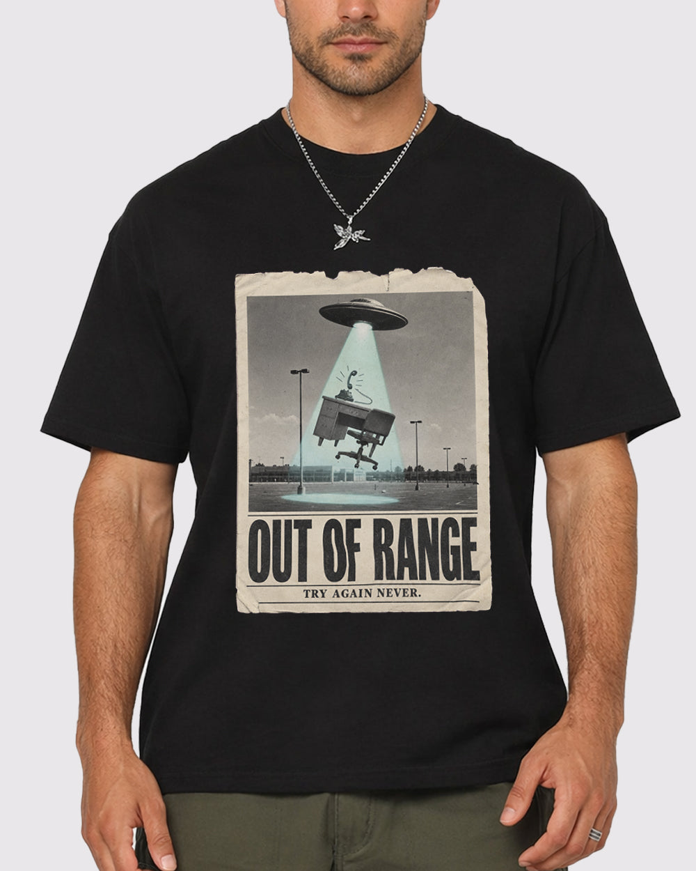Out of Range Try Again Never Pop Culture Graphic T-Shirt, primary front view, image 1