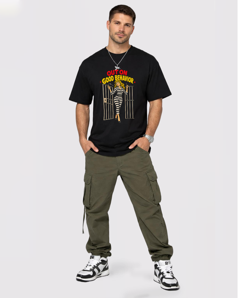 Out On Good Behavior Retro Graphic T-Shirt, full body fit view, image 2