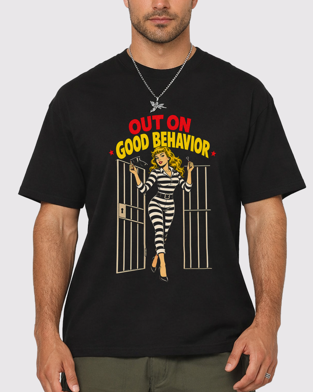 Out On Good Behavior Retro Graphic T-Shirt, primary front view, image 1