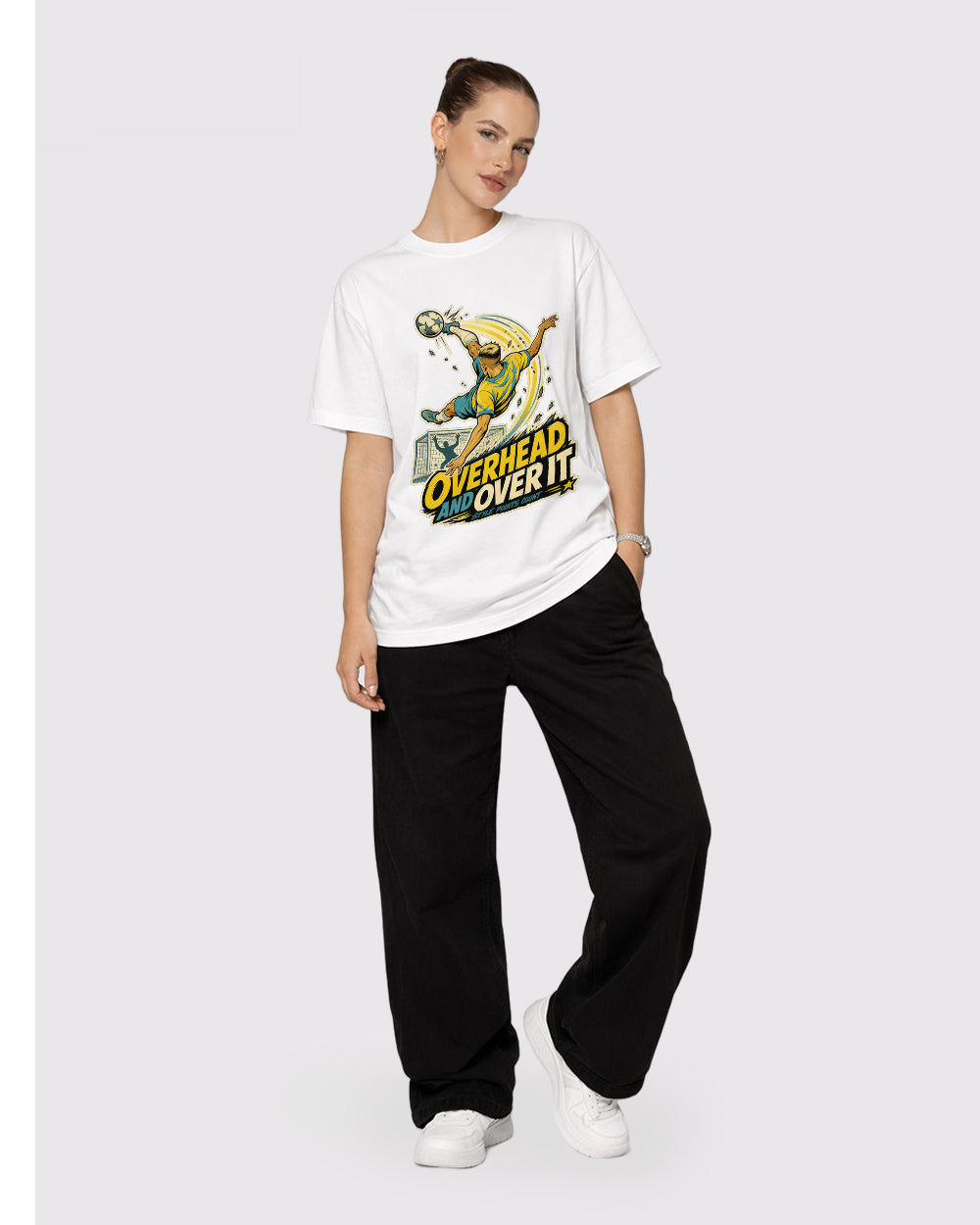 Overhead And Over It Sports Graphic T-Shirt, full body fit view, image 2