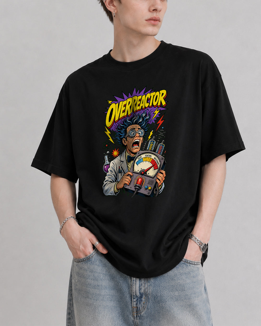 Overreactor Comic Retro Graphic T-Shirt in Black, front model view 1