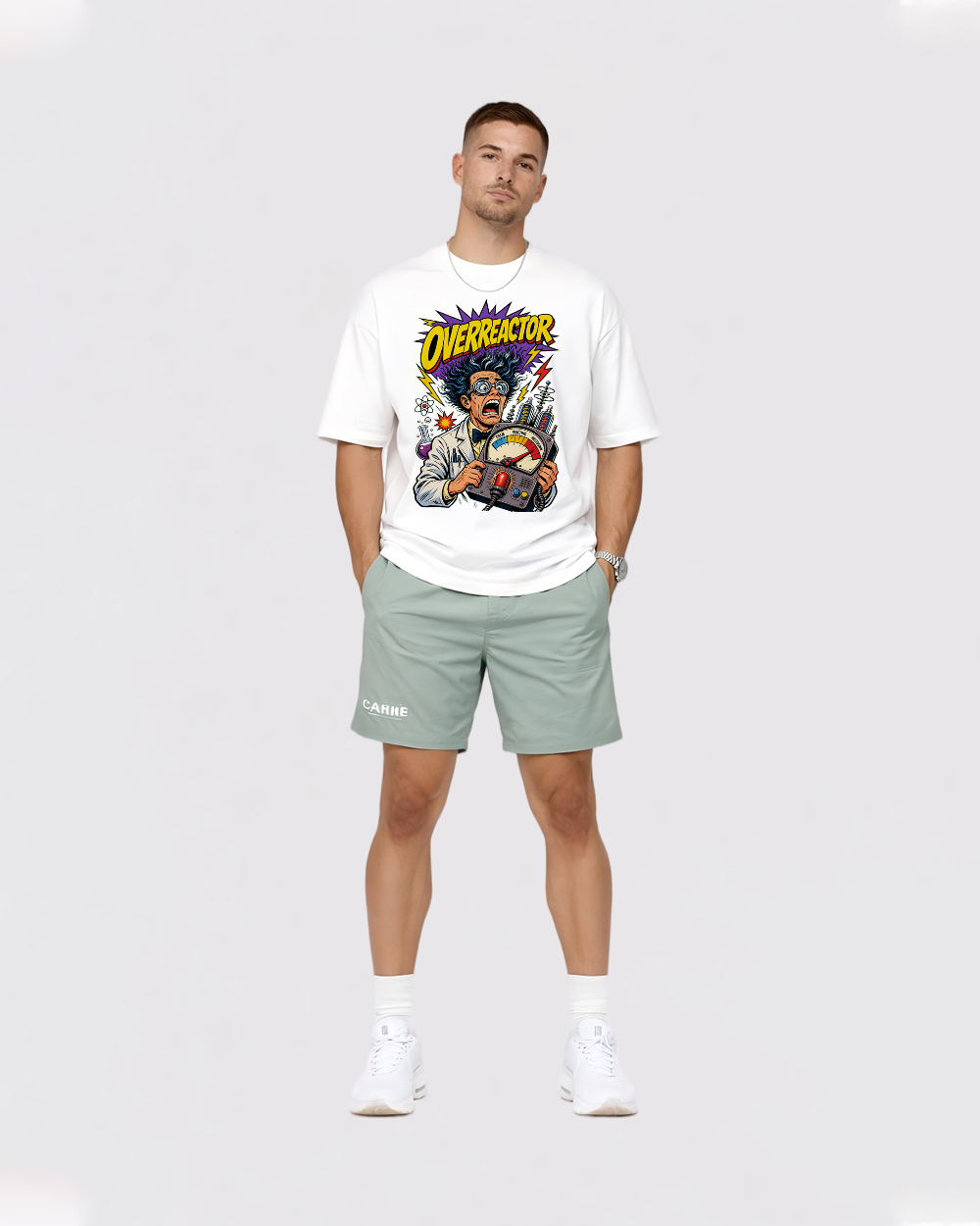 Overreactor Comic Retro Graphic T-Shirt, full body fit view, image 2