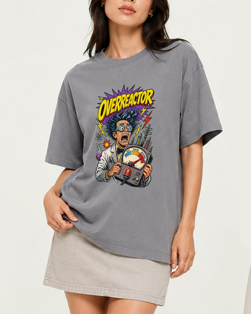 Overreactor Comic Retro Graphic T-Shirt in Gray, front model view 3