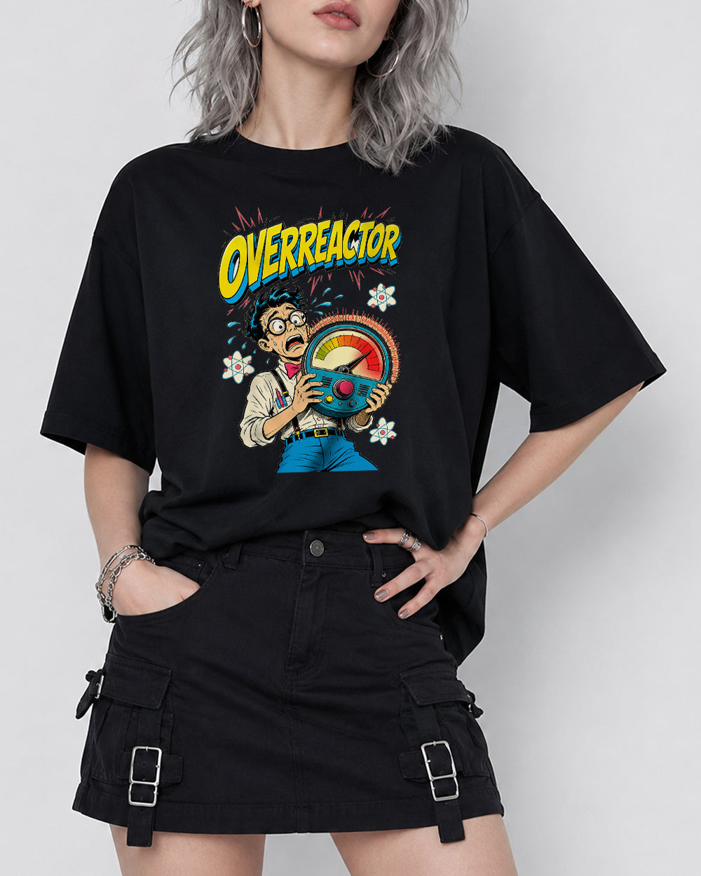 Overreactor Retro Graphic T-Shirt in Black, front model view 1