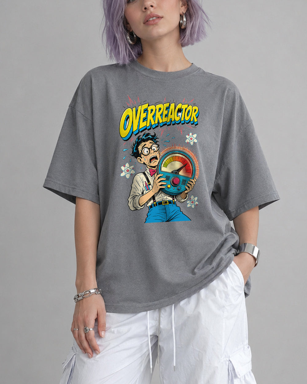 Overreactor Retro Graphic T-Shirt in Gray, front model view 3
