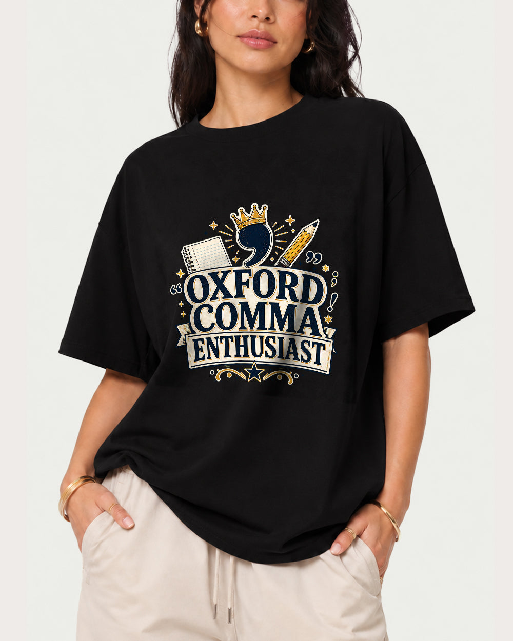 Oxford Comma Enthusiast Pop Culture Graphic T-Shirt in Black, front model view 1