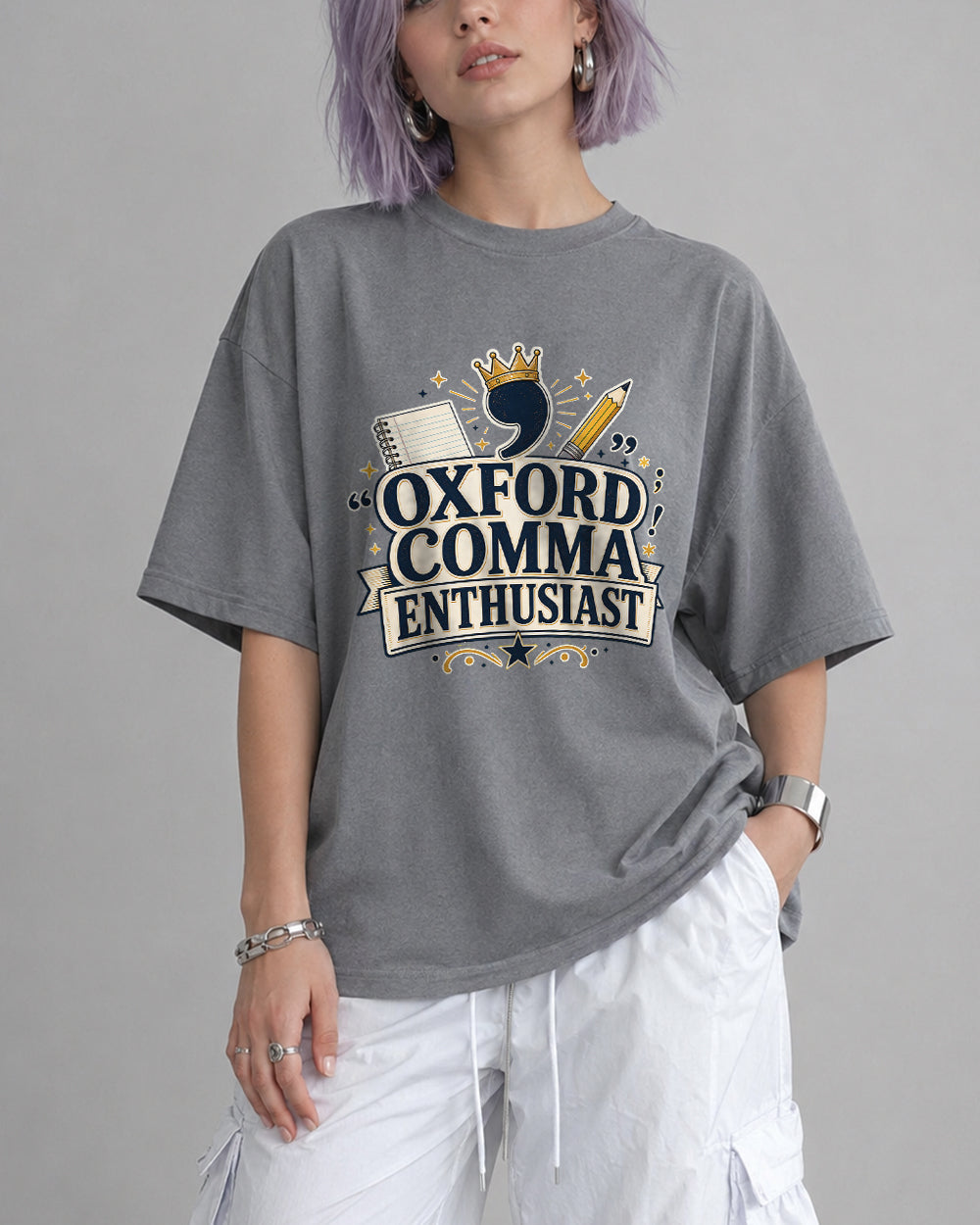 Oxford Comma Enthusiast Pop Culture Graphic T-Shirt in Gray, front model view 3