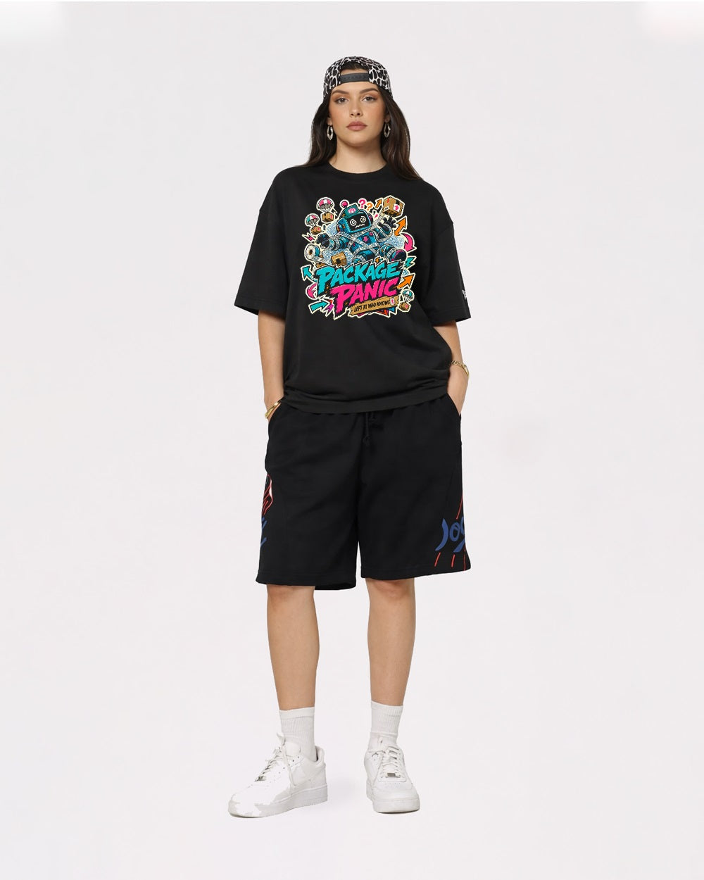 Package Panic, Left At Who Knows Streetwear Graphic T-Shirt, full body fit view, image 2