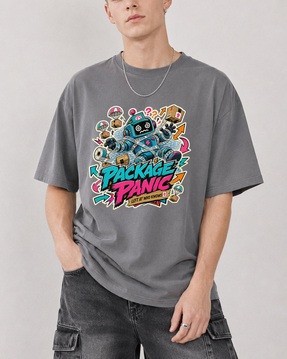 Package Panic, Left At Who Knows Streetwear Graphic T-Shirt in Gray, front model view 3