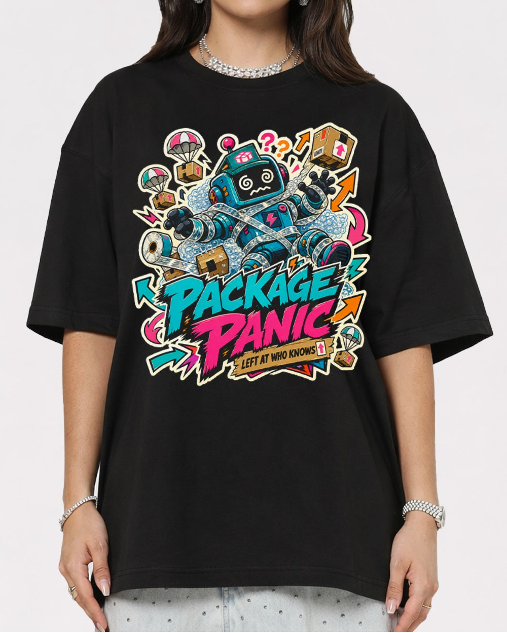 Package Panic, Left At Who Knows Streetwear Graphic T-Shirt, primary front view, image 1