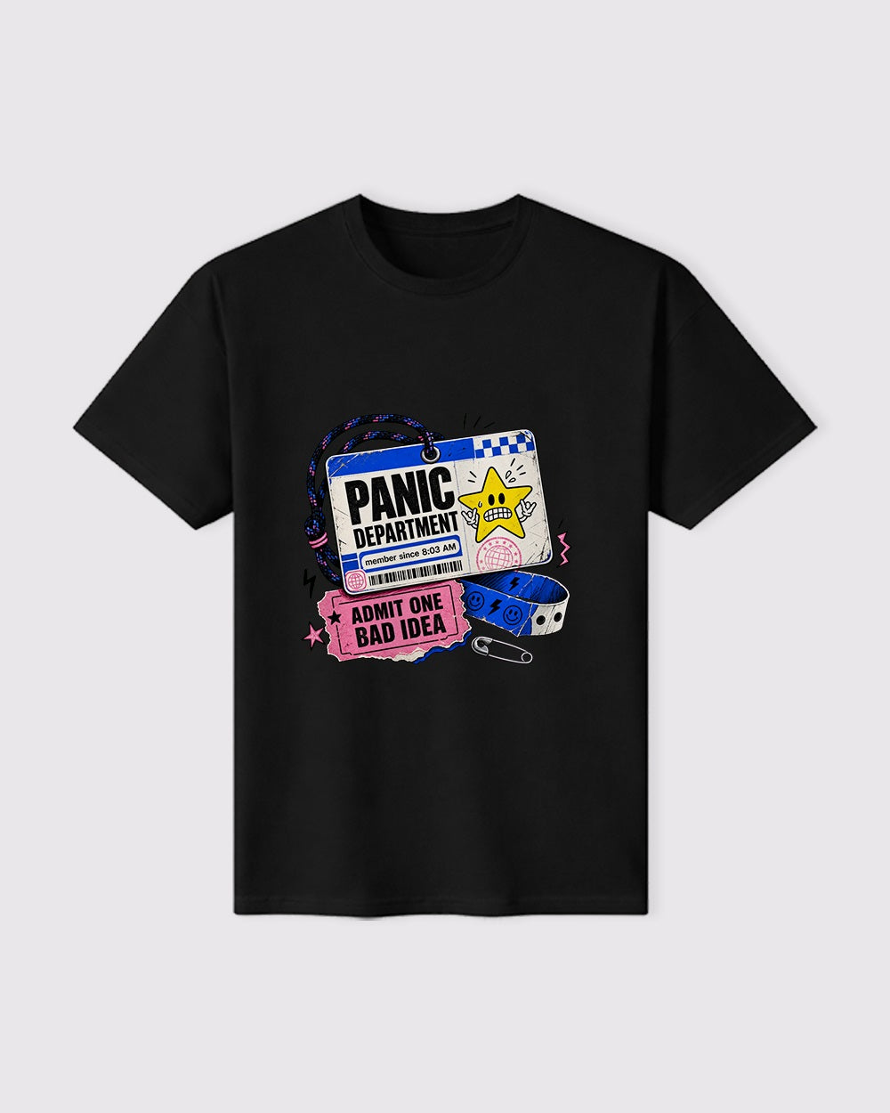 Black Panic Department, Admit One Bad Idea Funny Graphic T-Shirt flat product view, image 9