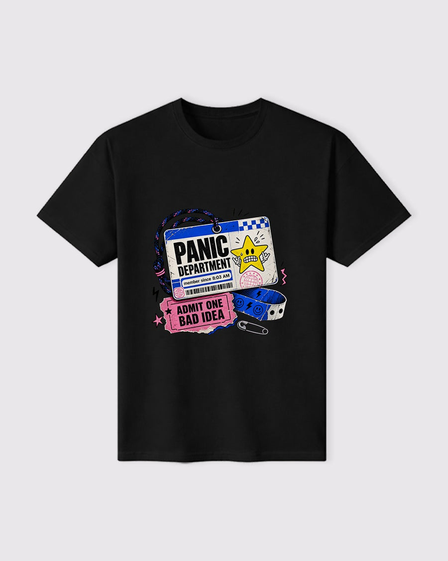 Black Panic Department, Admit One Bad Idea Funny Graphic T-Shirt flat product view, image 9