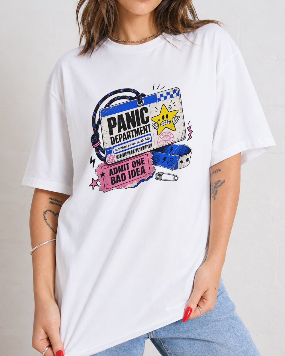 Panic Department, Admit One Bad Idea Funny Graphic T-Shirt in White, front model view 8