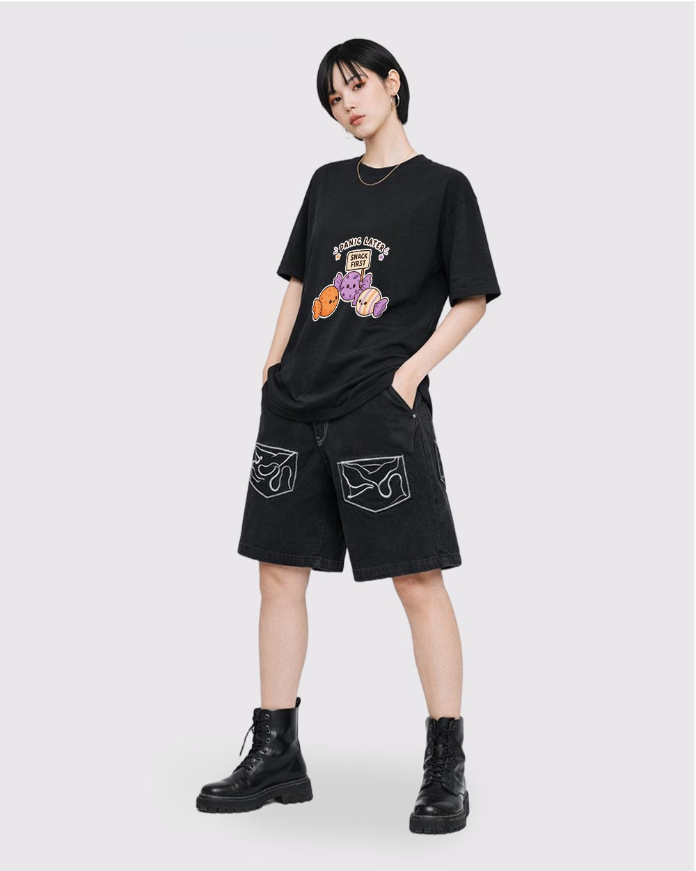 Panic Later, Snack First Food Graphic T-Shirt, full body fit view, image 2