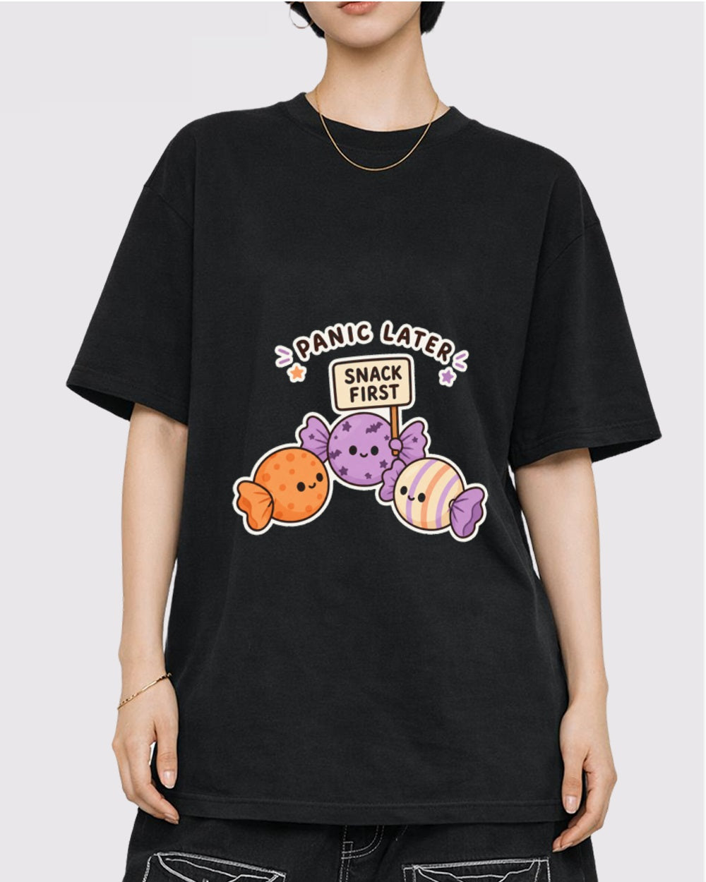 Panic Later, Snack First Food Graphic T-Shirt, primary front view, image 1