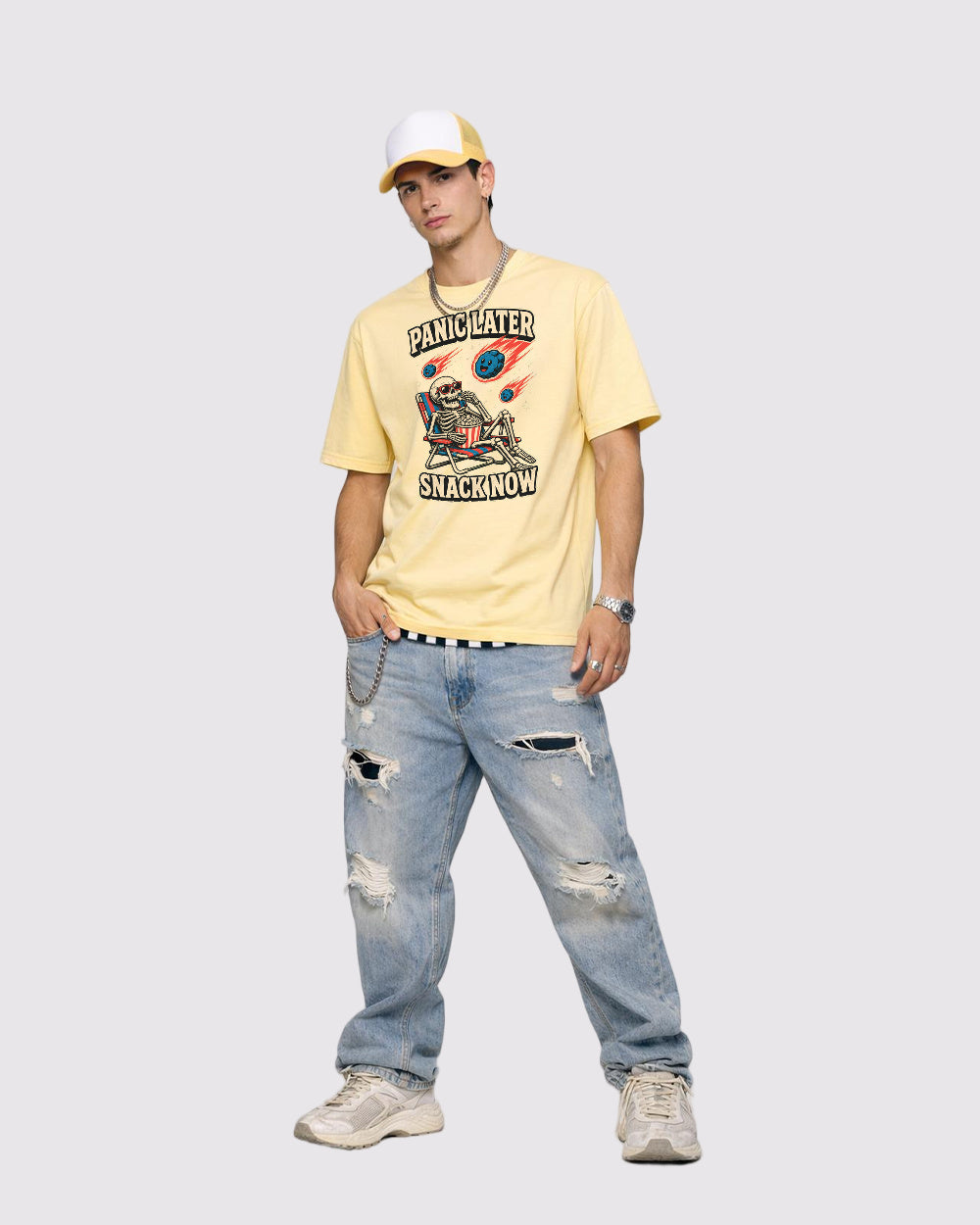 Panic Later Snack Now Dark Graphic T-Shirt, full body fit view, image 2