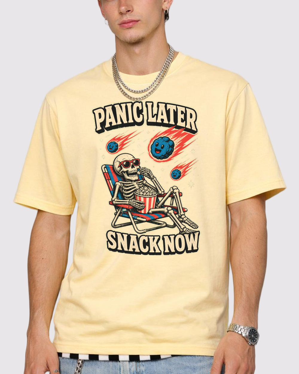 Panic Later Snack Now Dark Graphic T-Shirt, primary front view, image 1