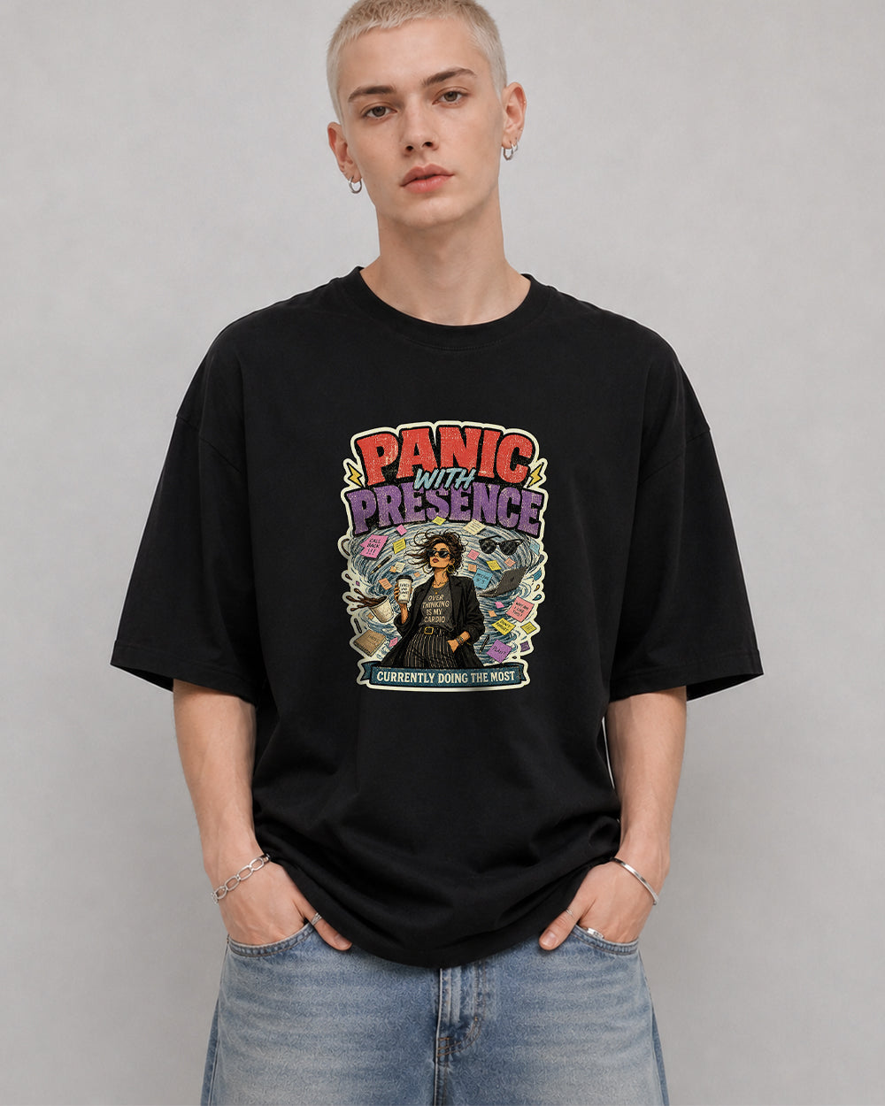 Panic Presence Currently Doing the Most Retro Graphic T-Shirt in Black, front model view 1