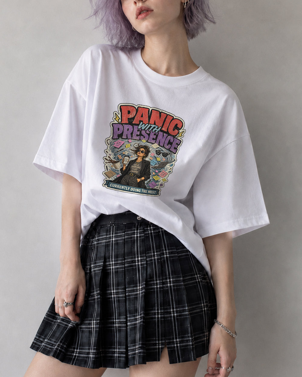 Panic Presence Currently Doing the Most Retro Graphic T-Shirt in White, front model view 7
