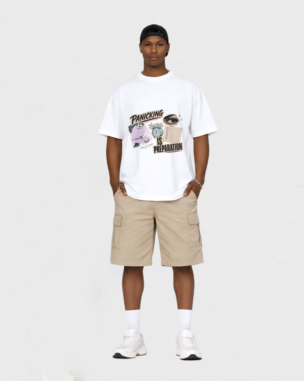 Panicking Is Preparation Pop Culture Graphic T-Shirt, full body fit view, image 2
