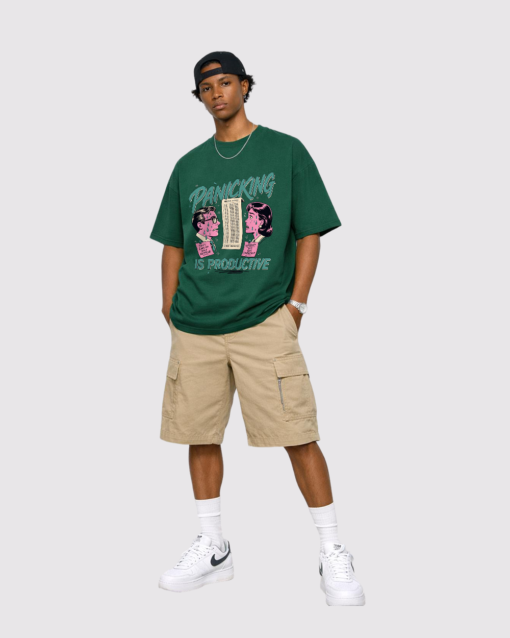Panicking Is Productive Retro Graphic T-Shirt, full body fit view, image 2