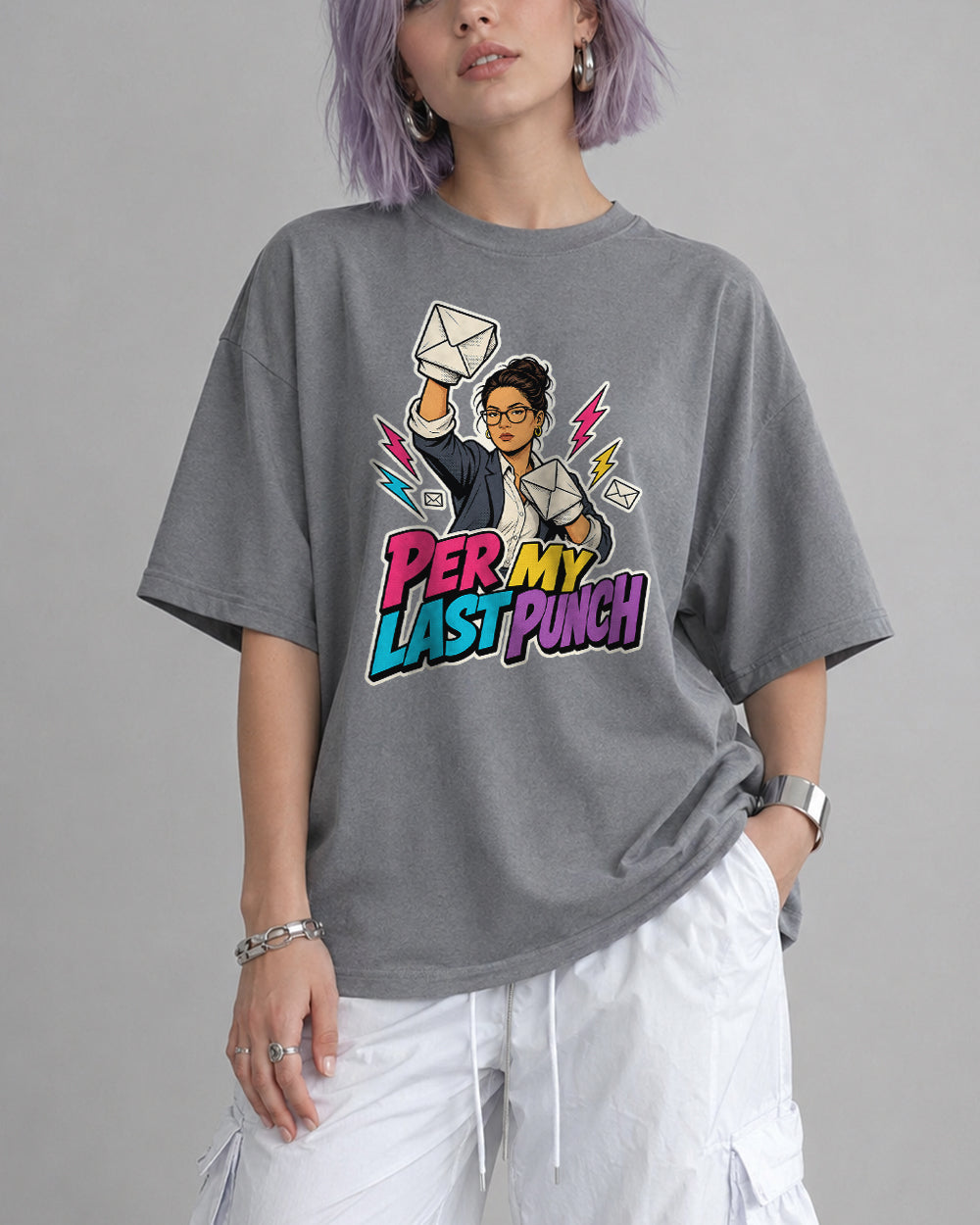 Per My Last Punch Graphic T-Shirt in Gray, front model view 4