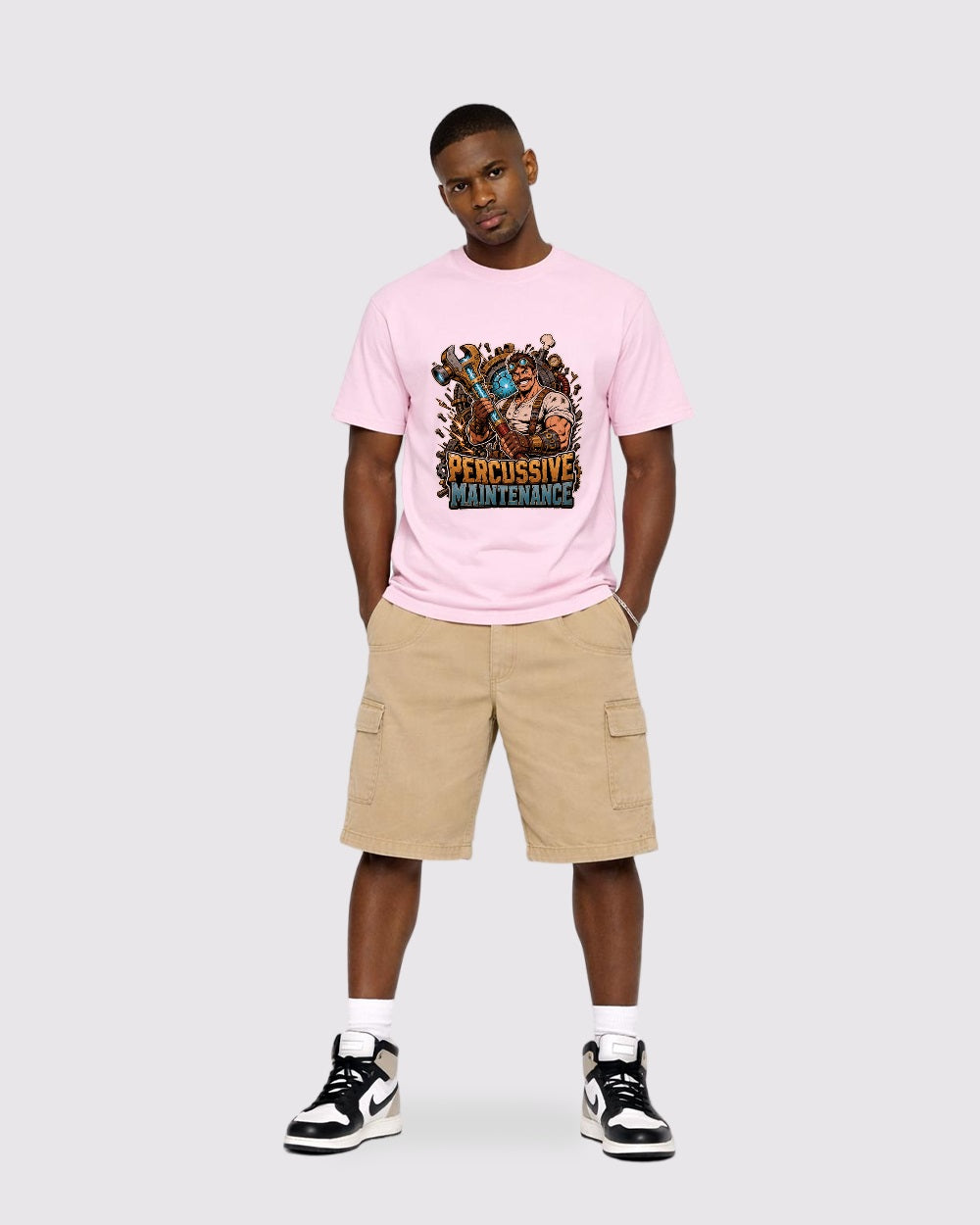Beige Percussive Maintenance Gaming Graphic T-Shirt full body fit view 2 image