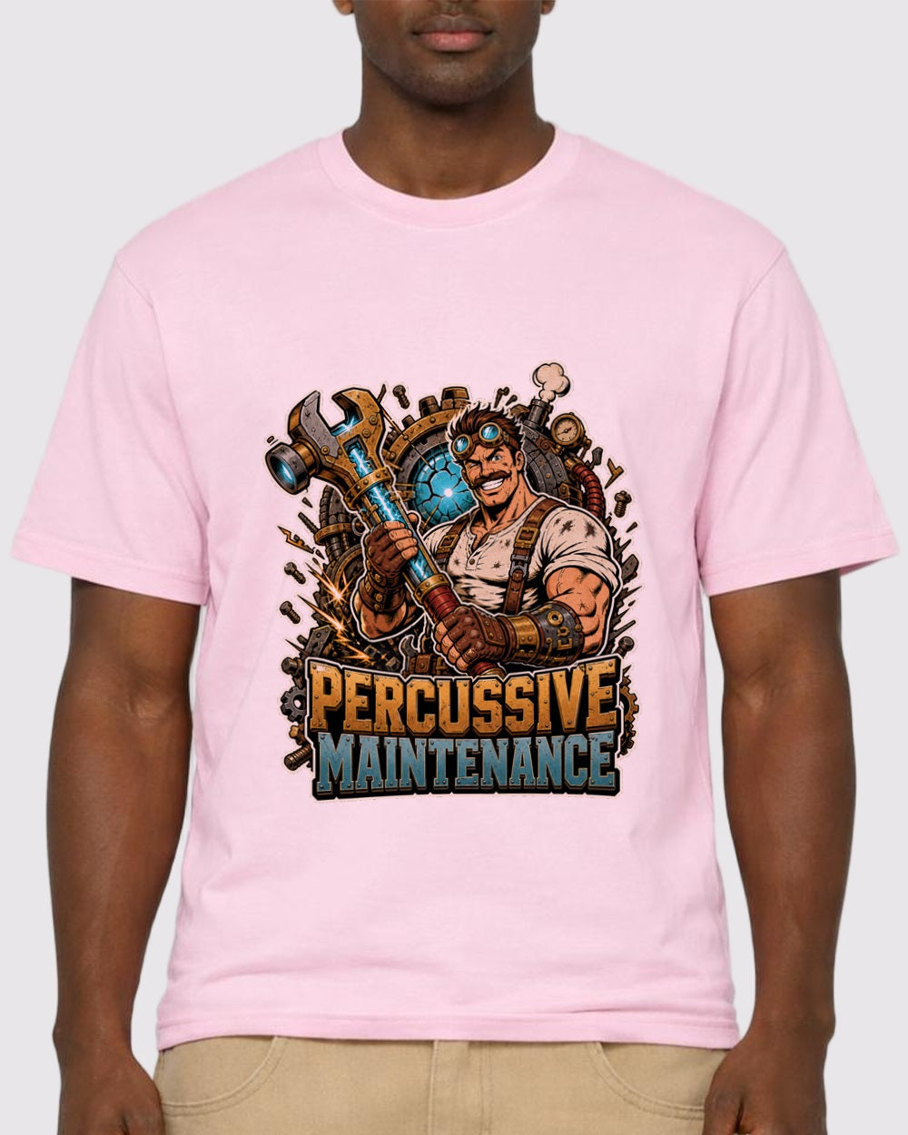 White Percussive Maintenance Gaming Graphic T-Shirt primary front view 1 image