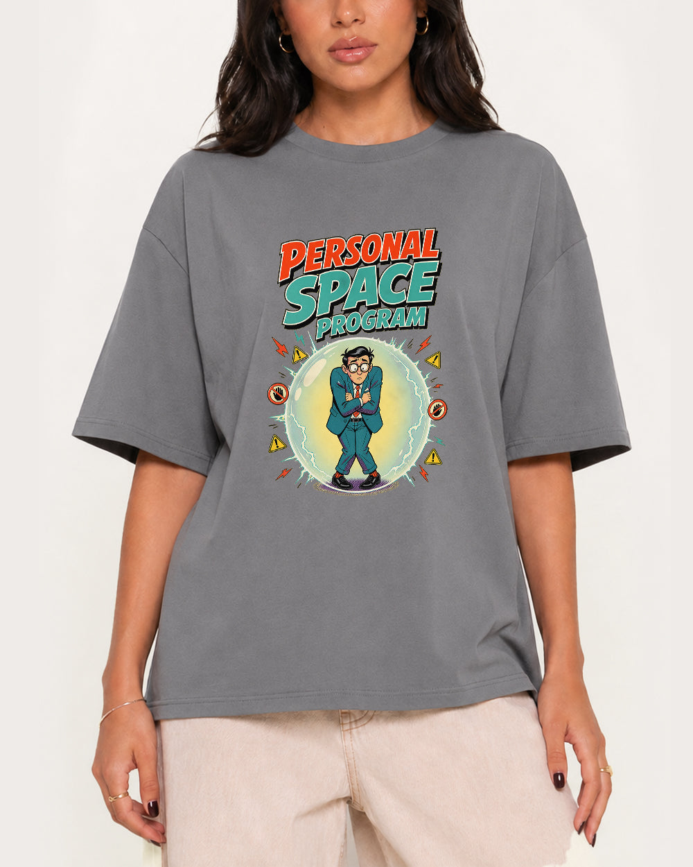 Personal Space Program Retro Graphic T-Shirt in Gray, front model view 3