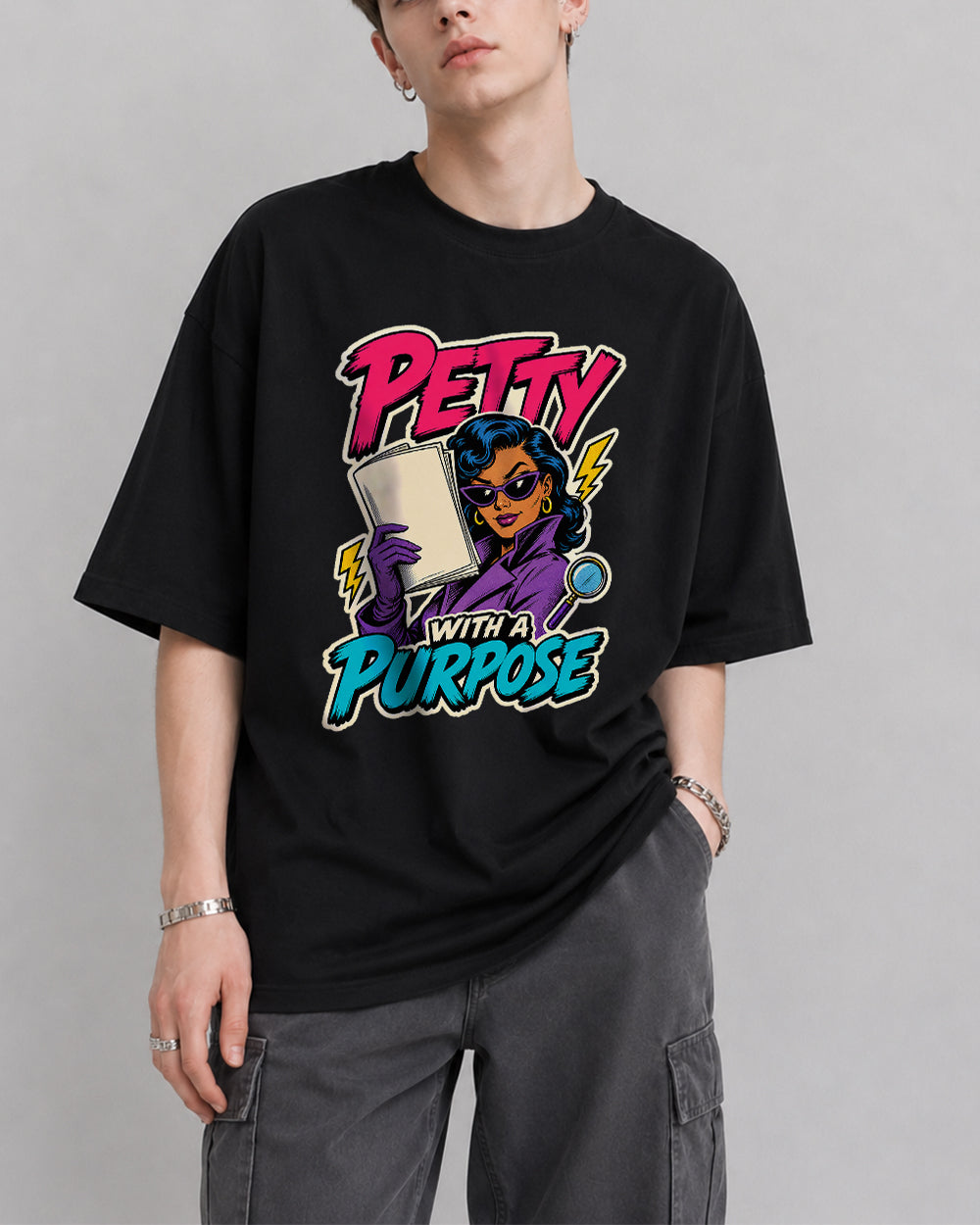 Petty With A Purpose Retro Graphic T-Shirt in Black, front model view 1