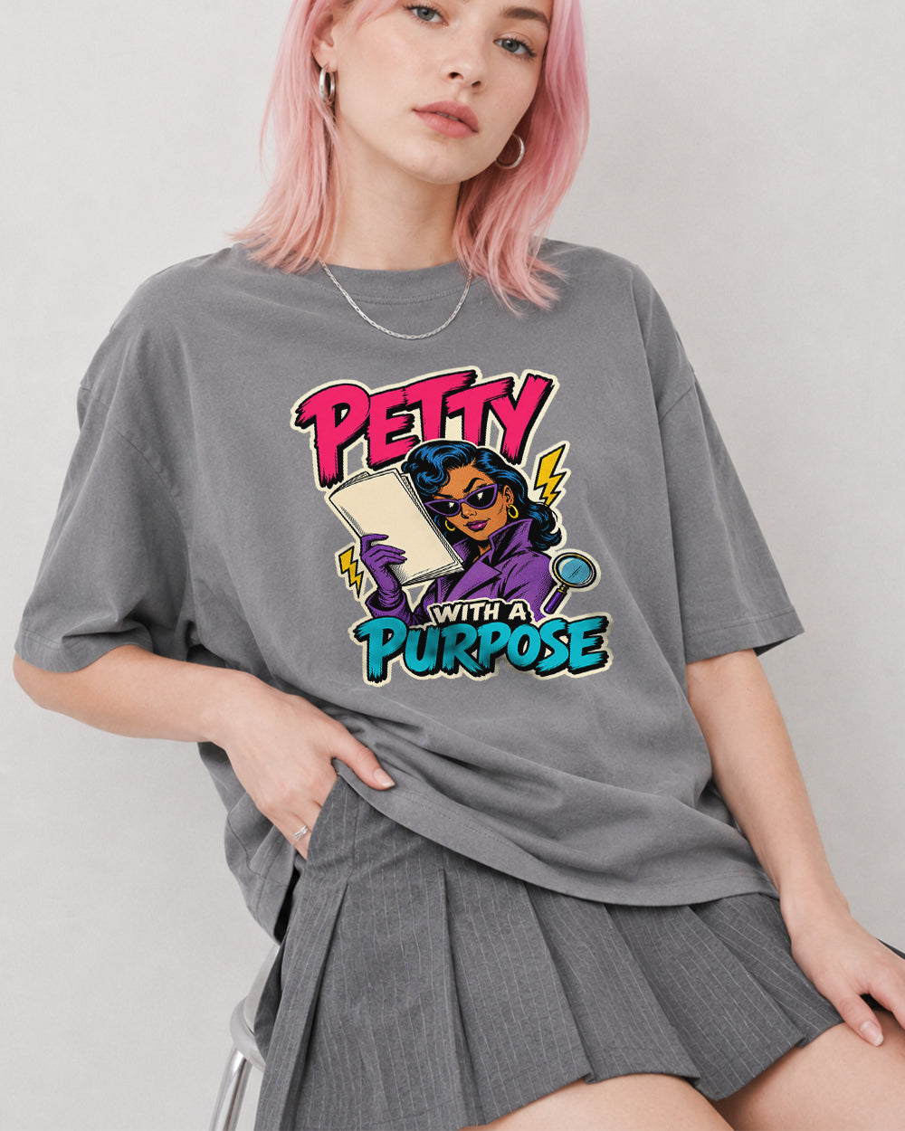 Petty With A Purpose Retro Graphic T-Shirt in Gray, front model view 3