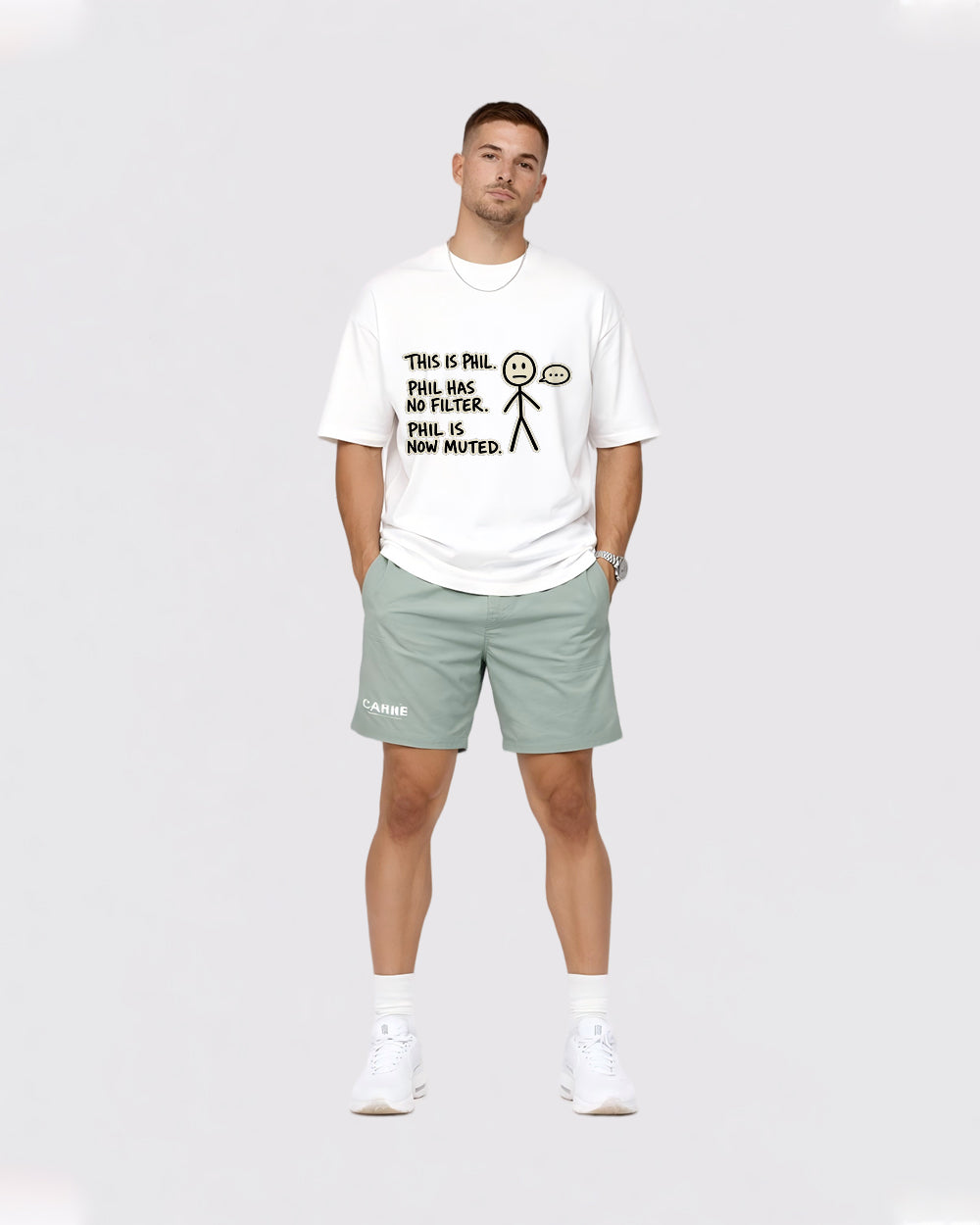 Beige Phil Has No Filter Graphic T-Shirt full body fit view 2 image