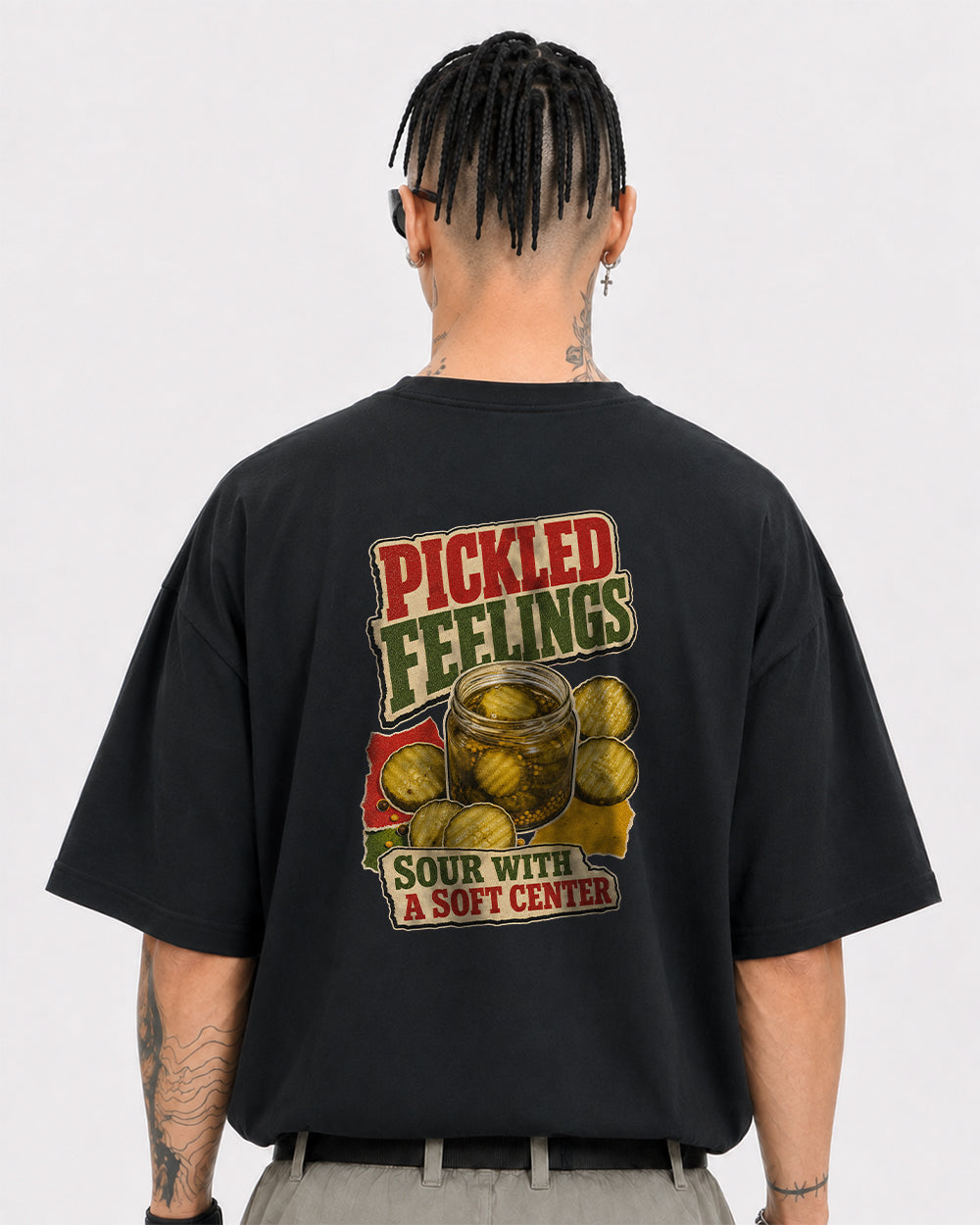 Pickled Feelings Sour with a Soft Center Food Graphic T-Shirt in Black, back model view 2