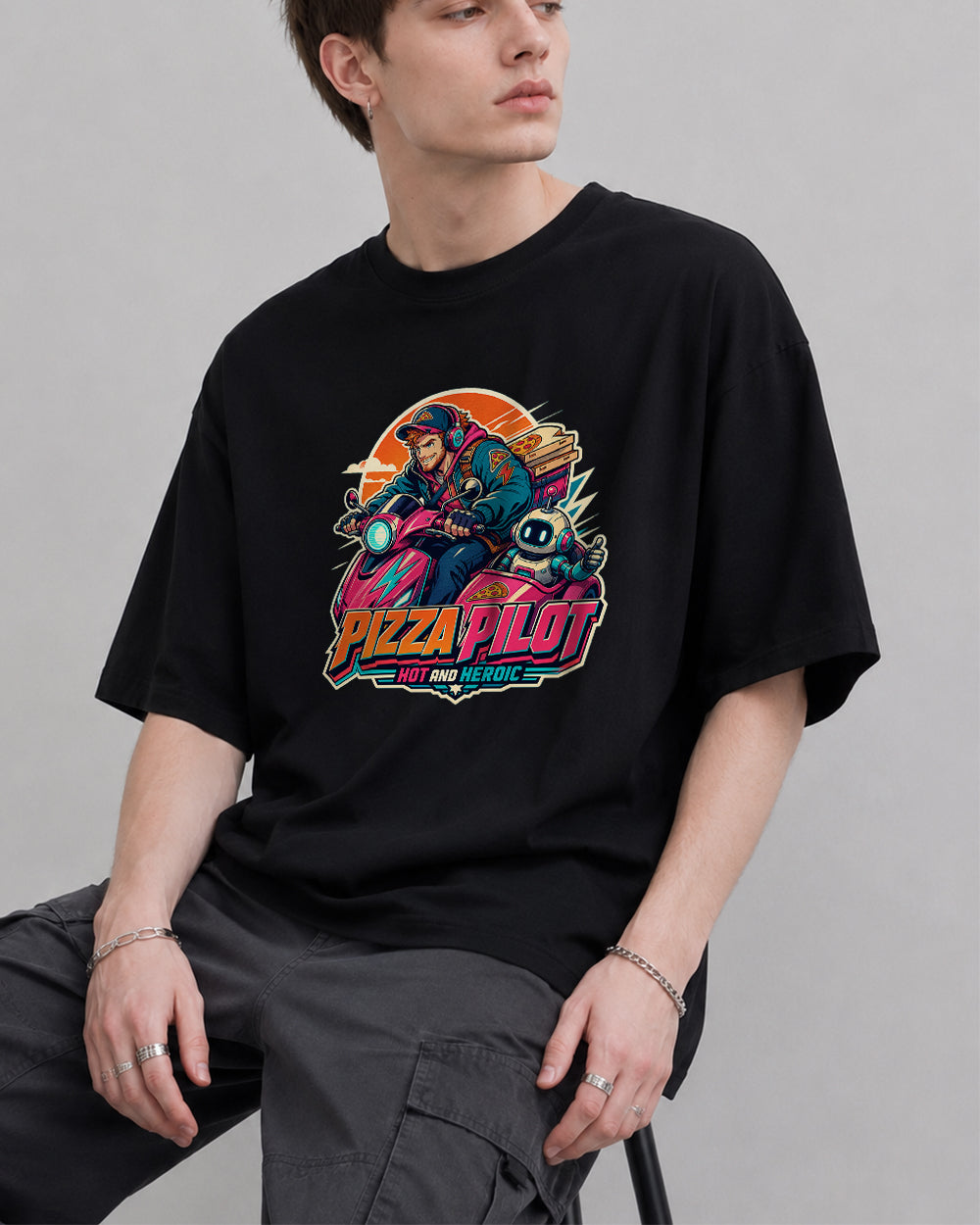 Pizza Pilot Hot and Heroic Streetwear Graphic T-Shirt in Black, front model view 1