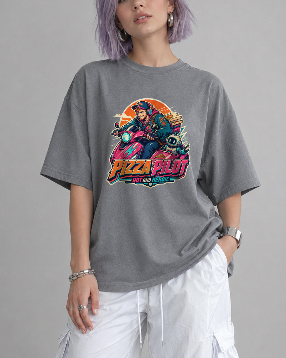 Pizza Pilot Hot and Heroic Streetwear Graphic T-Shirt in Gray, front model view 3
