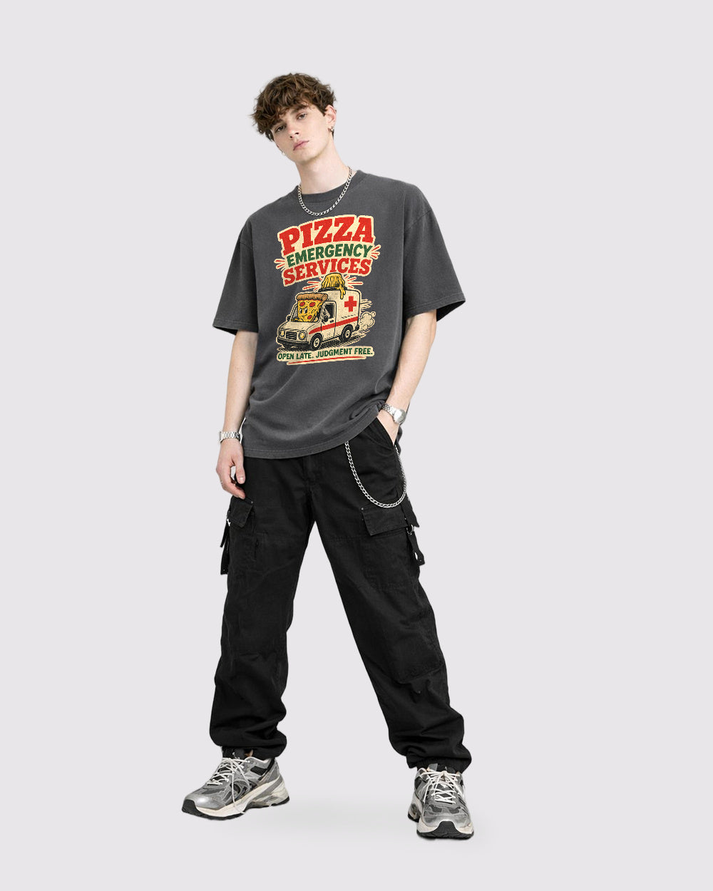 Pizza Services Open Late Judgment Free Food Graphic T-Shirt, full body fit view, image 2
