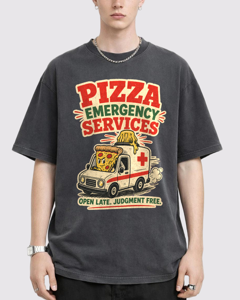 Pizza Services Open Late Judgment Free Food Graphic T-Shirt, primary front view, image 1