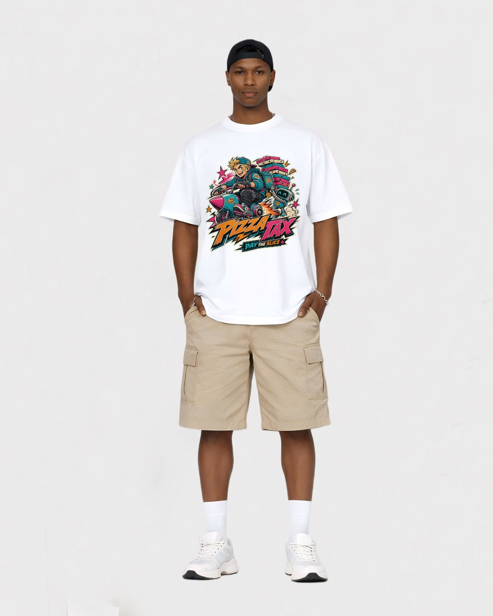 Pizza Tax, Pay The Slice Streetwear Graphic T-Shirt, full body fit view, image 2