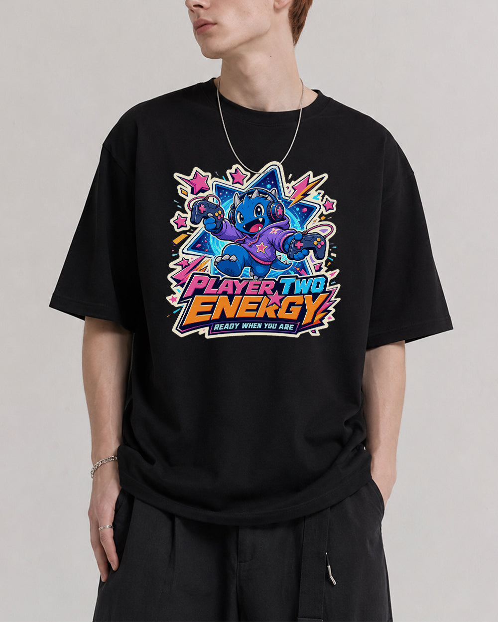 Player Two Energy, Ready When You Are Streetwear Graphic T-Shirt in Black, front model view 1