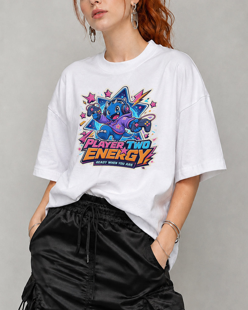 Player Two Energy, Ready When You Are Streetwear Graphic T-Shirt in White, front model view 5