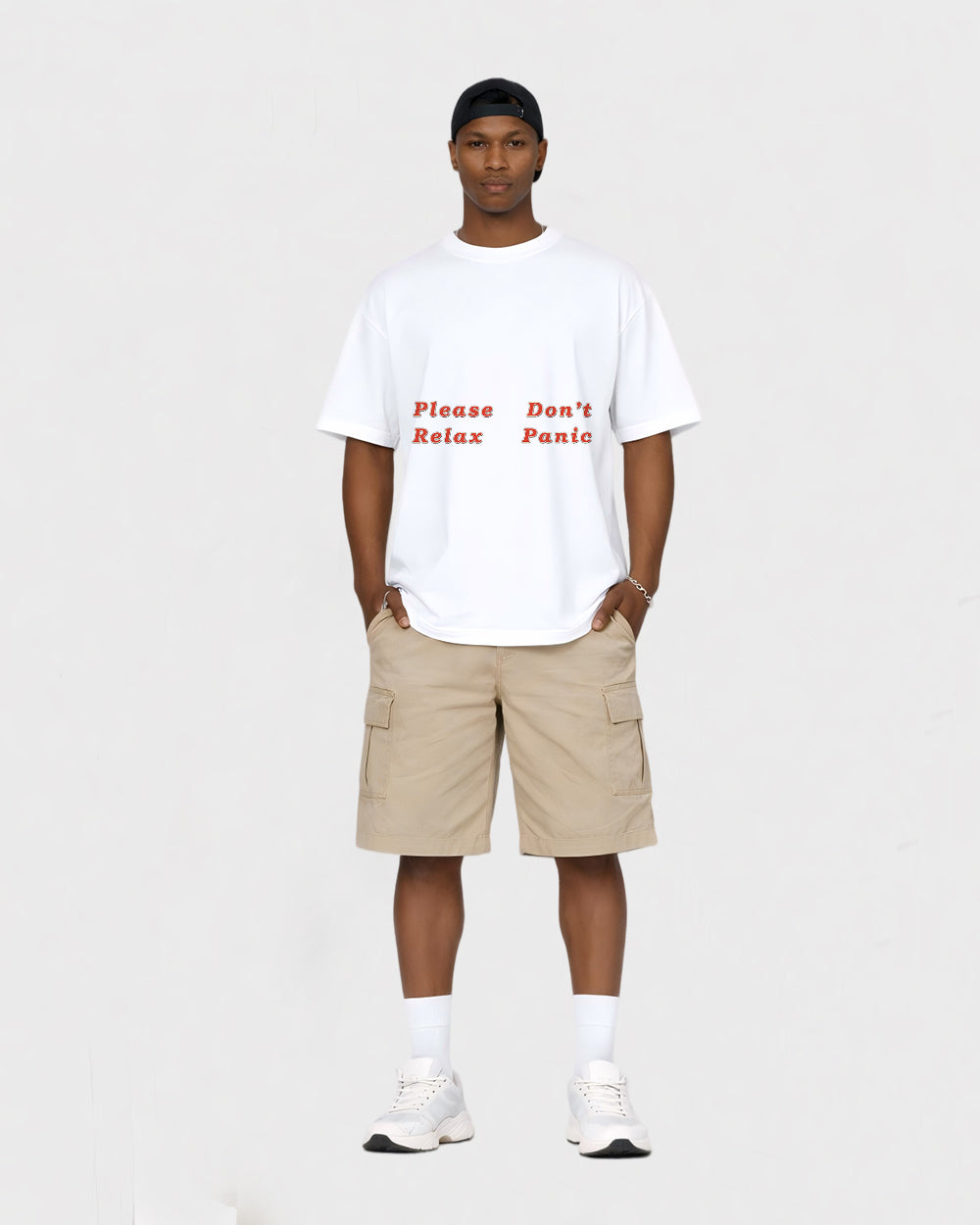 Please Don't Relax, Panic Pop Culture Graphic T-Shirt, full body fit view, image 2
